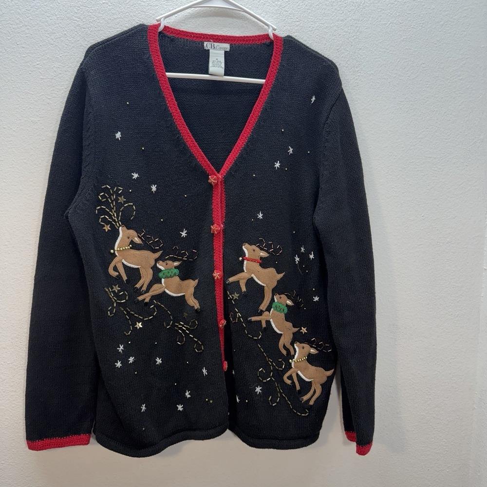 Christmas Sweater SZ M Holiday Ugly Party Reindeer Cardigan Knit Ramie Cotton